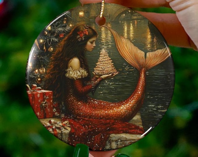 Mermaid Christmas Ceramic Ornament, Mermaid Ornament, Fantasy Ornament, Fairytale Ornament, Gothic Goblincore Ornament Gift for Her