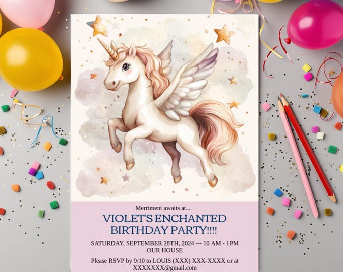 UNICORN BIRTHDAY DIY Invite, Kids Customizable Invite, Rainbow unicorn! 5 x 7 Card, Print or Send by Email! Perfect for all Skill Levels!