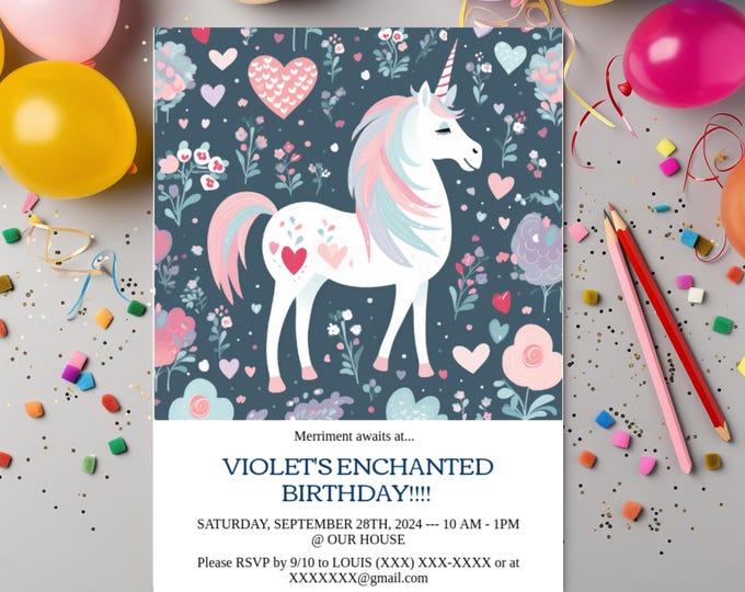Editable UNICORN BIRTHDAY Invitation template Unicorn girls birthday invite magical invitation instant download DIY! Download or Print! 5x7
