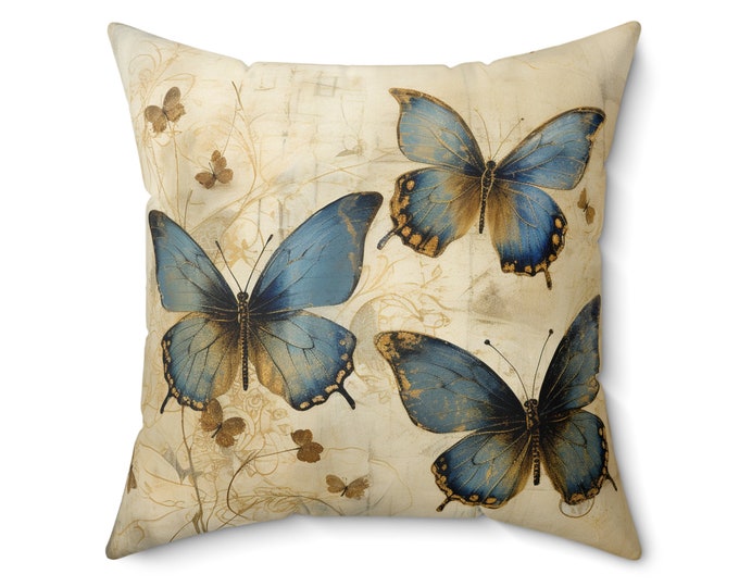 BLUE BUTTERFLY PILLOW, Cottagecore Butterfly Pillow, Shabby Chic Home Decor, Butterfly Home Decor, Butterfly Cushion, Fairycore Cushion