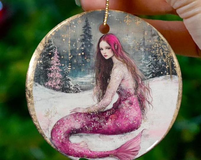 Mermaid Ceramic Ornament, Fantasy Christmas Decor, Holiday Tree Ornament, Mermaid Ornament, Theme Gift, Mermaidcore Decoration, Gift for Her