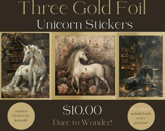 Tres pegatinas de UNICORNIO con lámina de oro (3 pulgadas) Regalo de pegatinas de unicornio Lote de pegatinas de unicornio Pegatinas de unicornio brillantes Pegatinas de Fairycore Regalo para ella