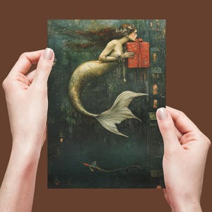 Carte postale de vacances sirène, carte postale de Noël sirène, carte postale fantastique, carte postale de Noël magique, carte de Noël fantaisiste, cadeau pour elle