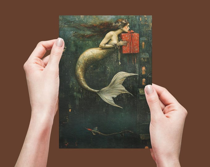 MERMAID HOLIDAY POSTCARD, Mermaid Christmas Postcard, Fantasy Postcard, Magical Christmas Postcard, Whimsical Christmas Card, Gift for Her