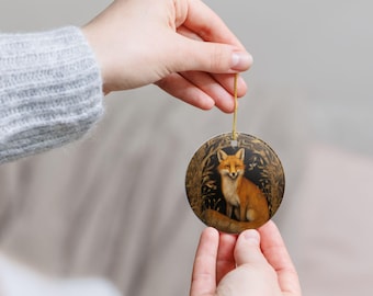 Rustikale Fuchs-Keramikverzierung, doppelseitige Feiertagsdekoration, Bauernhausdekor, Geschenk für Naturliebhaber, Weihnachtsbaumschmuck