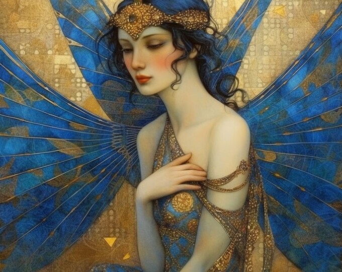 Blue ART DECO FAIRY sticker + 1 bonus sticker!! - 3inches - Gold foil, Fairycore, Cottagecore, Laptop, Waterbottle, junk journal Fantasy art