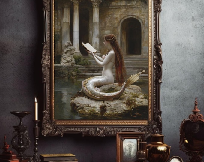 Mermaid Reading Wall Art (20 x 24) Whimsy Mermaidcore Art, Gothic Mermaid Art, Fantasy Art, Fairytale Art, Magical Art, Mermaid Gift for Her