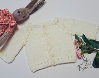 Hand Knitted Baby Cardigan in Ivory- Size 0-3 months