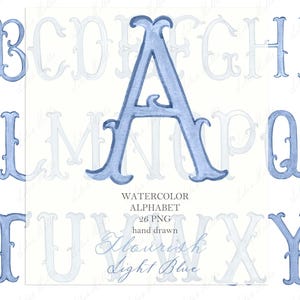 May include: A light blue watercolour alphabet, featuring ornate letter designs. The image shows the letters A, B, K, L, S, T, U, Y, and Z. Text includes "Watercolor Alphabet" and "Flourish Light Blue".