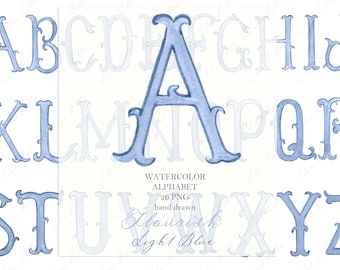 Op de afbeelding: Lichtblauw aquarel alfabet met sierlijke letters. De afbeelding toont de letters A, B, K, L, S, T, U, Y en Z. Tekst omvat "Watercolor Alphabet" en "Flourish Light Blue".