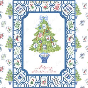 Op de afbeelding: Waterverfillustratie met een kerstboom versierd met Mahjong-tegels en ornamenten, geplaatst in een blauw en wit geometrisch frame. De woorden "Mahjong Christmas Tree" zijn geschreven in rood script. De achtergrond heeft een herhalend patroon van kerstbomen en Mahjong-tegels.