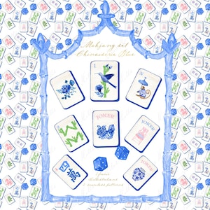 May include: Watercolor illustration of a Mahjong set in the Chinoiserie Blue style. The image features several tiles with floral and bird designs, dice, and the text "Mahjong set Chinoiserie Blue."
