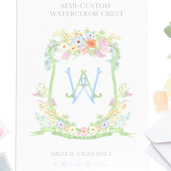 Watercolor Monogram Crest Sage Green  Spring flowers | Personalized Monogram Wedding Watercolor Crest  Digital Download includes PNG, JPG