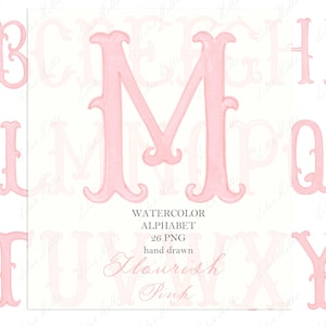 May include: Watercolor alphabet set featuring 26 pink, hand-drawn letters. The letters have a decorative, ornate design. The image includes the text "Watercolor Alphabet 26 PNG hand drawn Flourish Pink".