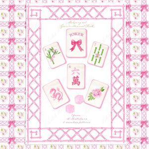 Könnte beinhalten: Ein rosa-weißes Muster mit einem sich wiederholenden Muster aus Schleifen und floralen Elementen. In der Mitte befindet sich ein Satz Mahjong-Steine mit Blumen- und Bambusmotiven und dem Wort "Joker".