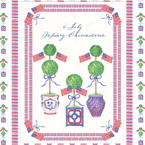 Può includere: Illustrazione ad acquerello a tema patriottico. Presenta alberi topiari adornati con bandiere americane in vasi decorativi. L'immagine è incorniciata con strisce rosse e blu e include il testo "4 July Topiary Chinoiserie".