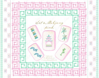 Imágenes prediseñadas de Mahjong en acuarela: marcos de estilo chinoiserie rosa, papel digital con diseño de greca (DIY)