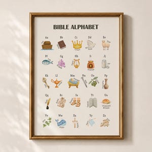 May include: A framed wall art print titled BIBLE ALPHABET featuring a grid of letters from A to Z. Each letter is paired with a small watercolor illustration of a biblical object or figure, such as an ark, crown, dove, sheep, and fish, on a cream background.