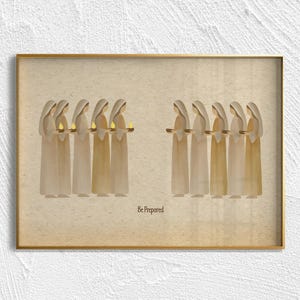 Lámina con la parábola de las diez vírgenes, decoración cristiana minimalista para el hogar (descarga digital).