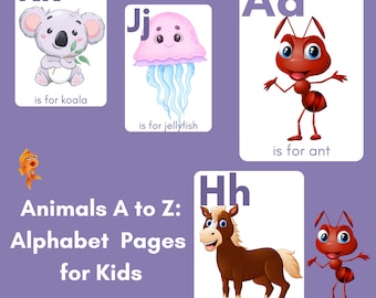 May include: Educational alphabet flashcards for kids featuring animal illustrations. Includes a koala, jellyfish, ant, and horse, with the letters K, J, A, and H. The text "Animals A to Z: Alphabet Pages for Kids" is also displayed.
