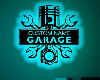 Personalized Garage Wood Wall Art with Rgb led Light, Custom Garage Name Sign, Custom Garage light up wall decor, Garage neon sign