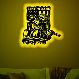 Personalized Firefighter Wood Wall Art Rgb led Light, Custom Firefighter Neon Name Sign, Firefighter name light up wall decor, Firefighter
