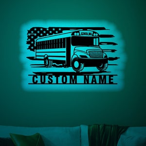 Custom School Bus Wood Wall Art with Rgb led Light, Custom US School Bus Name Sign, US School Bus light up wall decor, School Bus neon sign