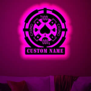 Personalized Casino Poker Chips Wood Wall Art Rgb led Light, Custom Poker Neon Name Sign Decor, Personalized Poker light up  wall decor