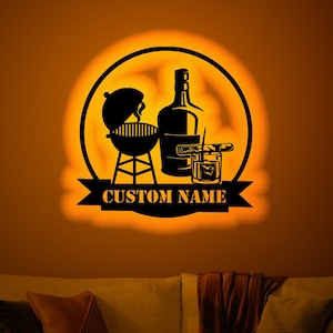 Personalisierte Grill Bourbon Zigarre Holz Wandkunst Rgb LED-Licht, Grill Bourbon Zigarre Neon Namensschild, personalisierte Grill Wanddekor