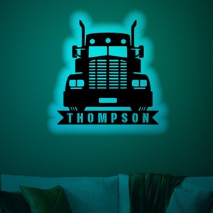 Custom Semi Truck Wood Wall Art with Rgb led Light, Custom Semi Truck Name Sign, Semi Truck light up wall decor, Semi Truck neon light sign