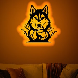 Wolf Wood Wall Art with Rgb led Light, Wolf Neon Name Sign, Personalized Wolf name lightup wall decor, Wolf sign, Wolf wall art