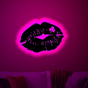 Lips Love Kiss Wood Wall Art with Rgb led Light, Lips Neon Name Sign, Lips light up wall decor, Lips neon light sign