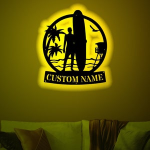 Custom Wave Surfing Wood Wall Art: RGB LED Light, Personalized Surfer Name Sign