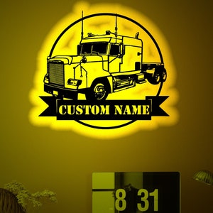 Custom Semi Truck Wood Wall Art with Rgb led Light, Custom Semi Truck Name Sign, Semi Truck light up wall decor, Semi Truck neon light sign