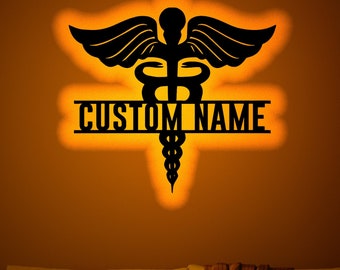 Personalized Caduceus Wood Wall Art with Rgb led Light, Custom Caduceus Sign, Custom Caduceus light up wall decor, Caduceus name sign