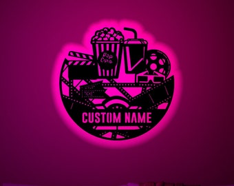 Personalized Movie And Popcorn Wood Wall Art with Rgb led Light, Custom Movie Name Sign, Custom Movie And Popcorn light up wall decor
