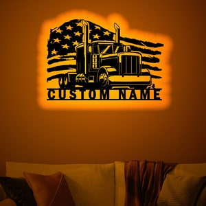 Custom Semi Truck Wood Wall Art with Rgb led Light, Custom Semi Truck Name Sign, Semi Truck light up wall decor, Semi Truck neon light sign