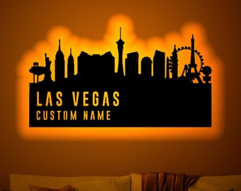 Personalized Las Vegas Silhouette Wood Wall Art with Rgb led Light, Custom Las Vegas Silhouette Neon Name, Las Vegas light up wall decor