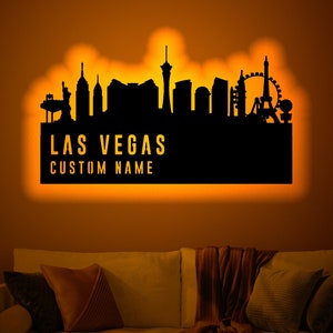 Arte de pared de madera con silueta de Las Vegas personalizada con luz LED RGB, nombre de neón con silueta de Las Vegas personalizada, decoración de pared iluminada de Las Vegas