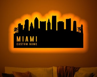 Personalized Miami Silhouette Wood Wall Art with Rgb led Light, Custom Miami Silhouette Neon Name, Miami light up wall decor,Miami led light