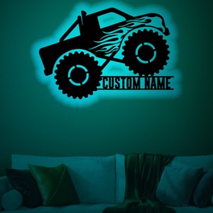 Custom Monster Truck Wood Wall Art with Rgb led Light, Custom Monster Truck Name Sign, Monster Truck light up wall decor, Monster Truck sign
