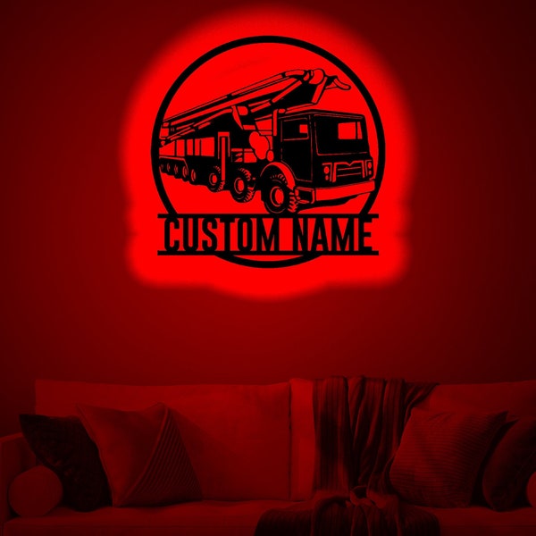 Custom Concrete Pump Truck Driver Wood WallArt Rgb led Light, Truck Driver Name Sign Decor, Camión personalizado lightup name sign wall decor