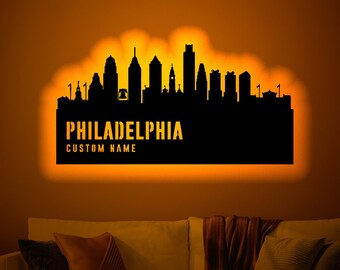 Personalized Philadelphia Silhouette Wood Wall Art with Rgb Light, Custom Philadelphia Silhouette Neon Name,Philadelphia light up wall decor