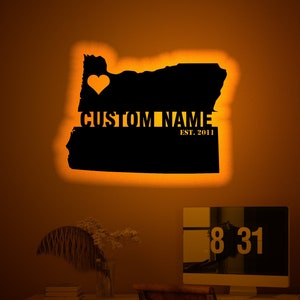 Arte de pared de madera con mapa de Oregón personalizado con luz LED RGB, letrero de neón con silueta de mapa de Oregón personalizado, decoración de pared iluminada de Oregón