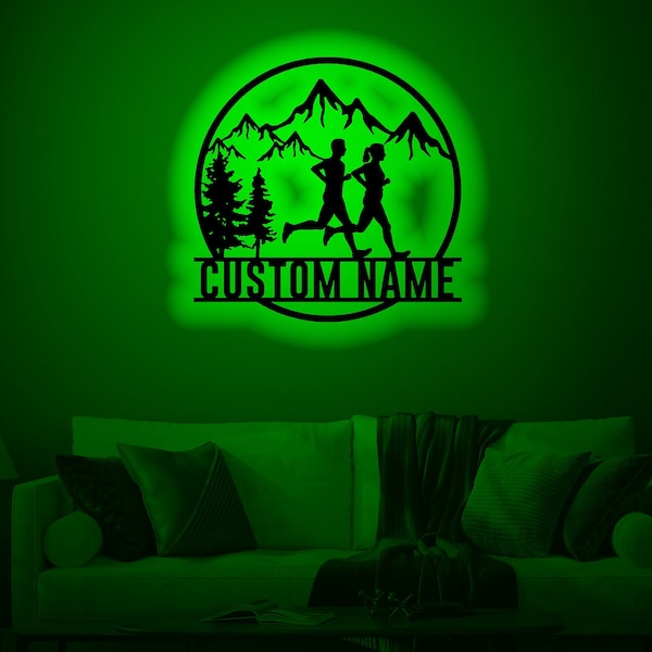 Personalized Couple Trail Running Wood WallArt Rgb led Light, Couple Trail Running Neon Name Sign Decor, Running name lightup wall decor