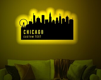 Personalized Chicago Silhouette Wood WallArt Rgb led Light, Chicago Silhouette Neon Name Sign Decor,Personalized Chicago lightup  wall decor