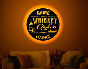 Personalized Whiskey Wood WallArt Rgb led Light, Whiskey Cigar lounge Neon Name Sign Decor, Personalized Whiskey lounge lightup  wall decor