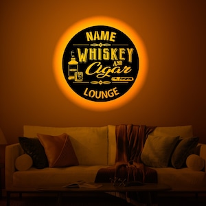 Personalisierte Whisky Holz WallArt Rgb LED-Licht, Whisky Zigarrenlounge Neon Name Schild Dekor, personalisierte Whisky Lounge Lichtwanddekor