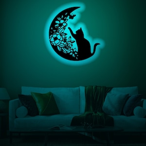 RGB LED ライト付き黒猫木製ウォールアート、月の猫の名前サイン、パーソナライズされた猫ライトアップ壁装飾、カスタム猫ネオンライトサイン