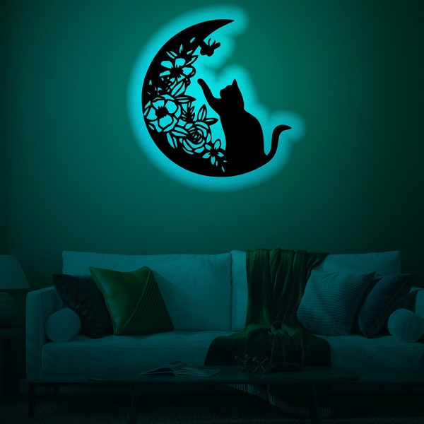 Black Cat Wood Wall Art With Rgb led Light, Cat on the Moon Name Sign, Personalized Cat light up wall decor, Custom Cat Neon Light Sign
